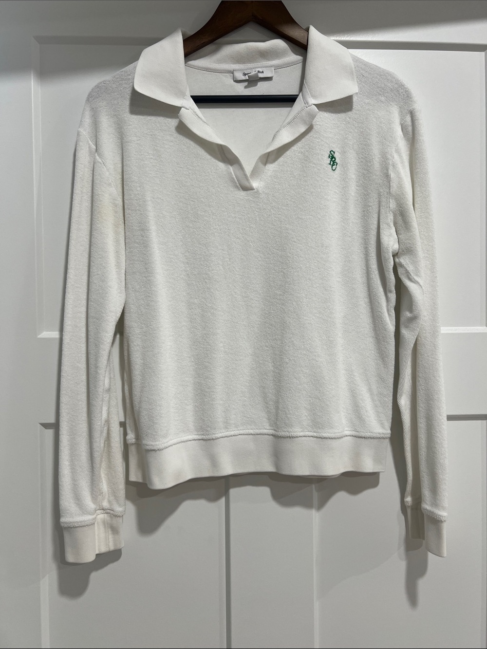 Sporty & Rich White Collared Long Sleeve Tee with Green Logo